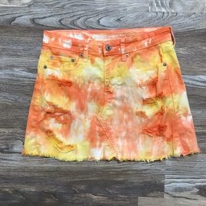 American Eagle Distressed Denim Mini Skirt Custom Tie Dyed Yellow and Orange 0